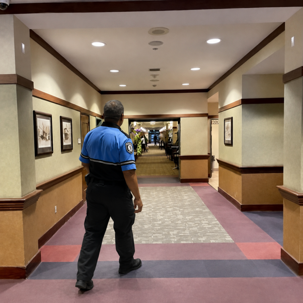 MHDP security officer patrolling an apartment community hallway in Rancho Cucamonga