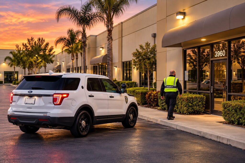 Multi Housing District Patrol officer checking a business park building during an evening patrol