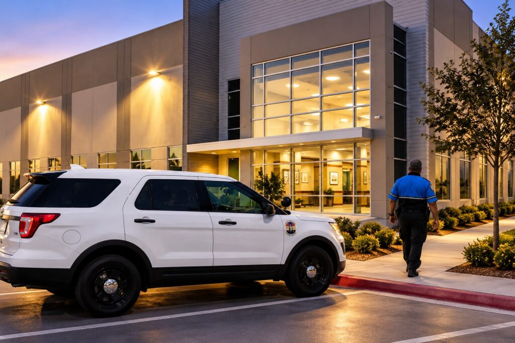 Multi Housing District Patrol officer walking to secure a commercial office building at dusk