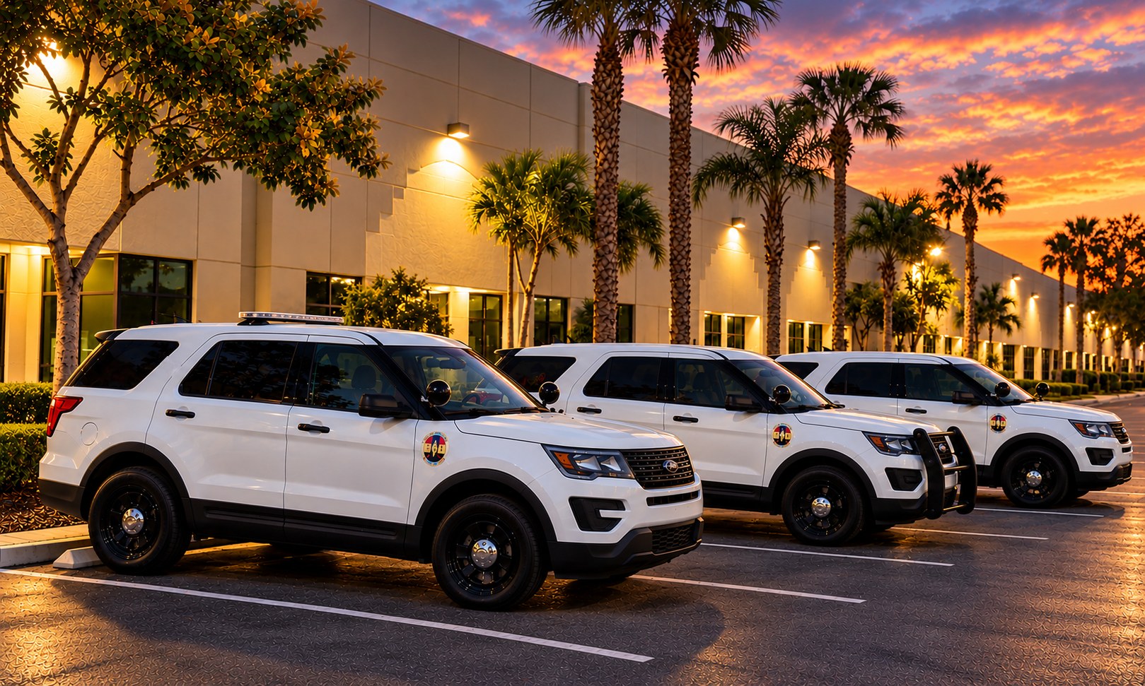 Multi Housing District Patrol marked patrol vehicles at a commercial property at dusk