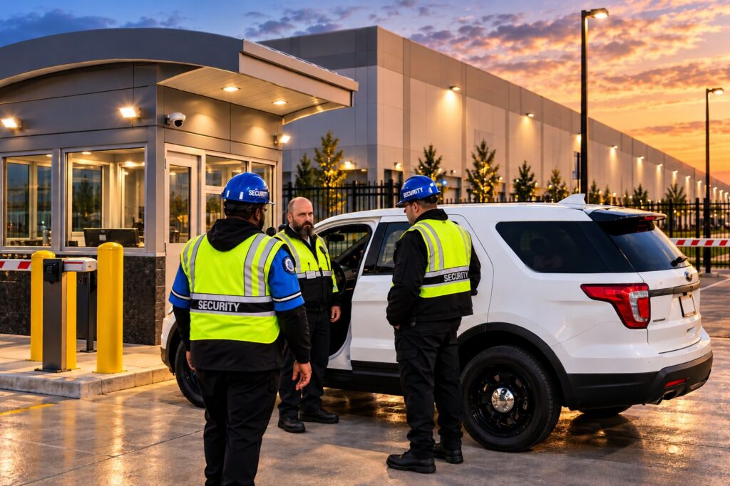 Multi Housing District Patrol officers and patrol vehicle at a warehouse security gate at dusk